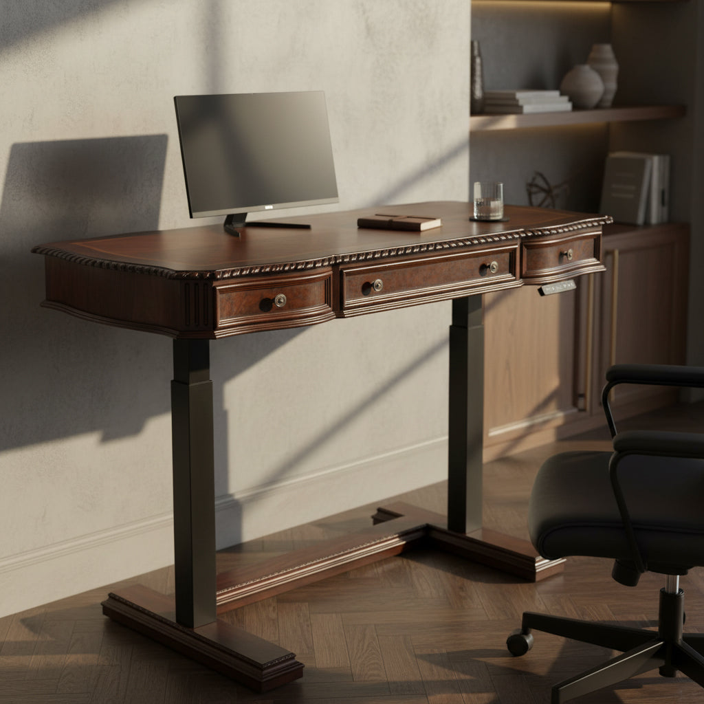 Old World Walnut Burl Adjustable Height Desk