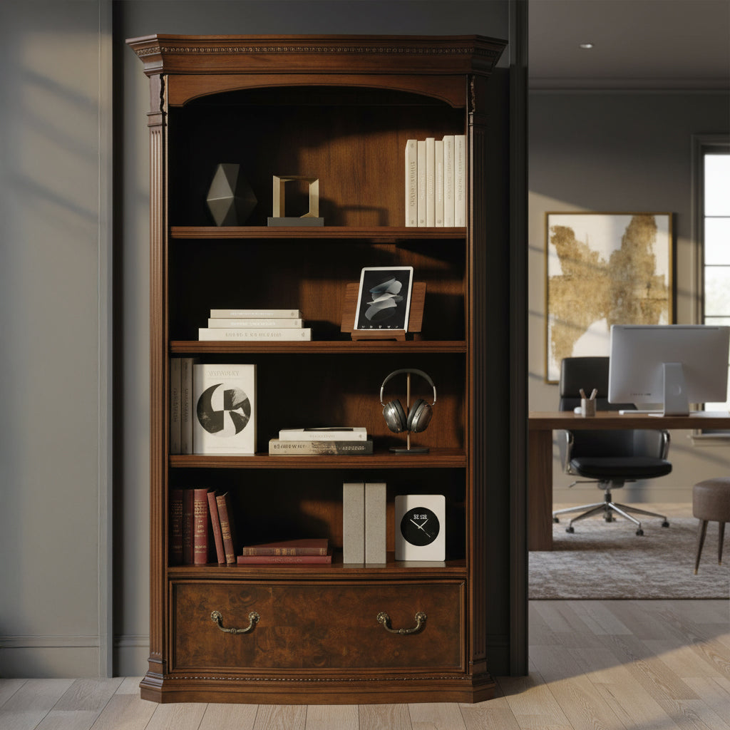 Old World Walnut Burl Executive Center Bookcase